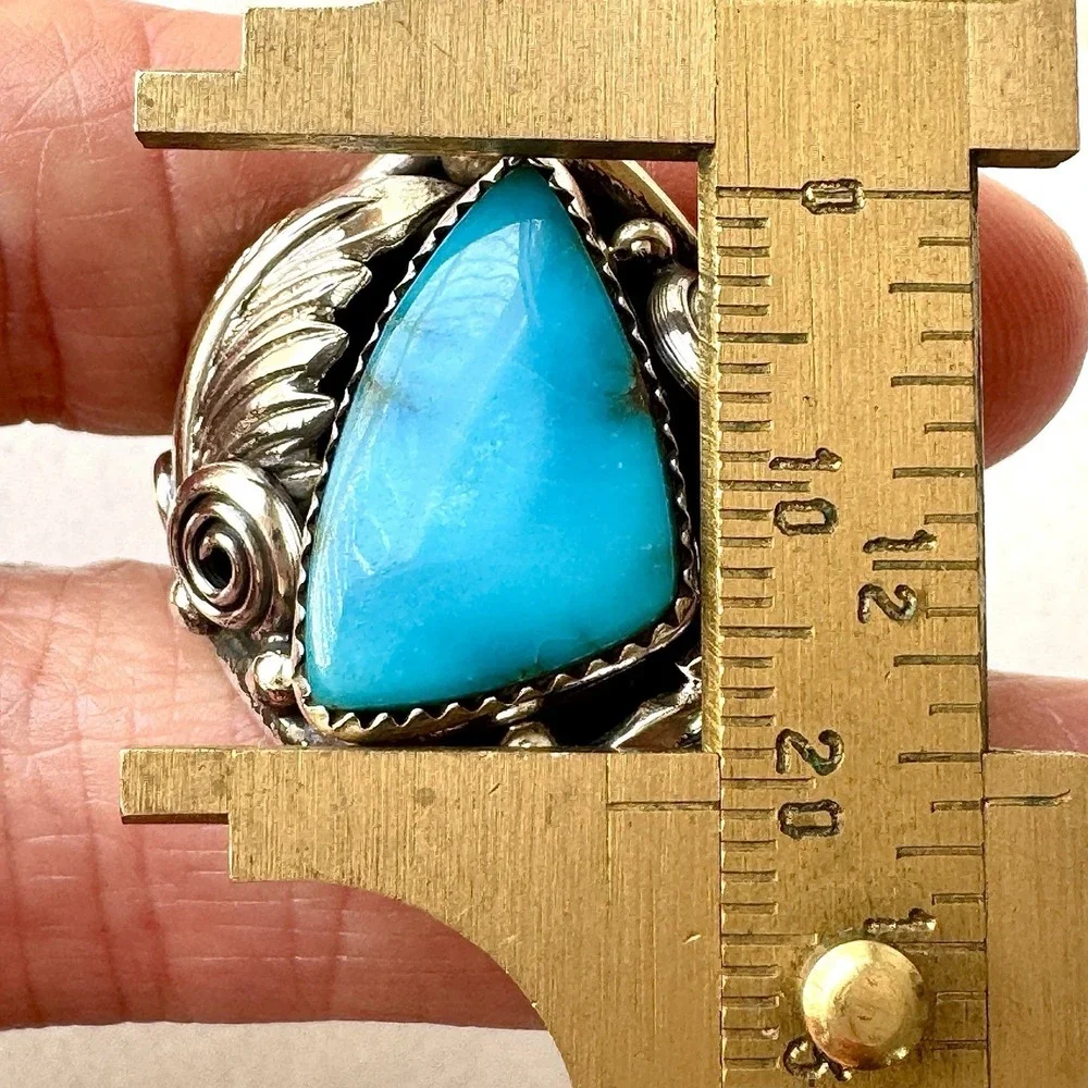 Navajo Turquoise Mens Ring Sz 12 Leaf Feather Signed Morgan Sterling Native Amer
